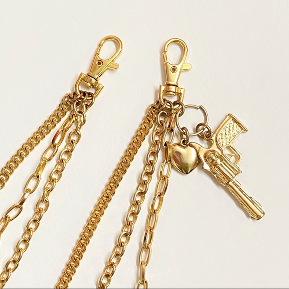 Gold gun handcuffs metal triple hanging straps chain clip belt keys pants wallet - Picture 2 of 5